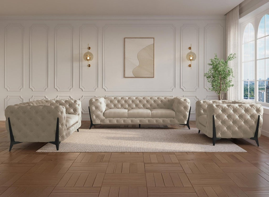 Fauteuil capitonné chesterfield velours beige CARMEN