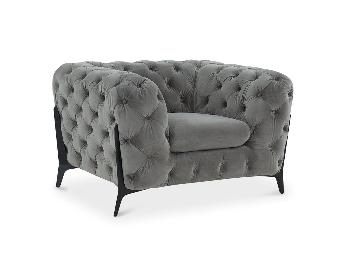 Fauteuil capitonné chesterfield velours gris CARMEN